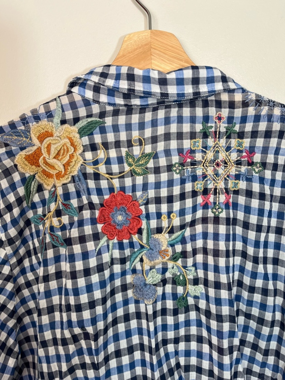 Johnny Was Blue Gingham Embroidered Peasant Tunic - Picture 7 of 12